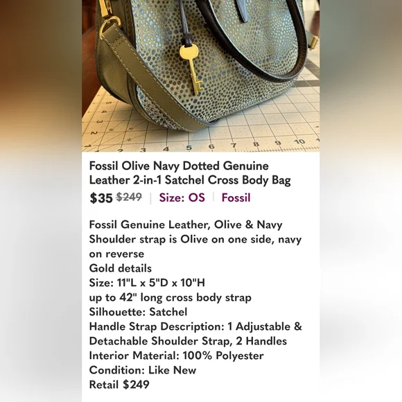 Fossil Olive Navy Dotted Genuine Leather 2-in-1 Satchel Cross Body Bag - Picture 13 of 13